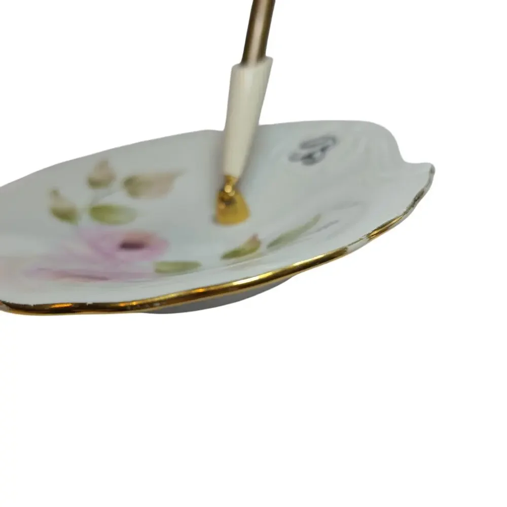 Vintage Pen Holder Desk Handpainted Porcelain Artist Signed Virginia B 1987 Gold